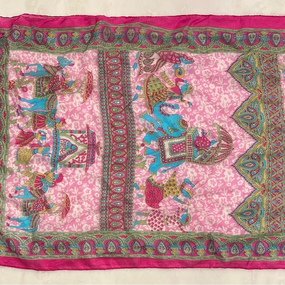 Vintage Silk Scarf Elephants Horses Paisley Pink Made India 18” X 68” Rectangle - Picture 14 of 16